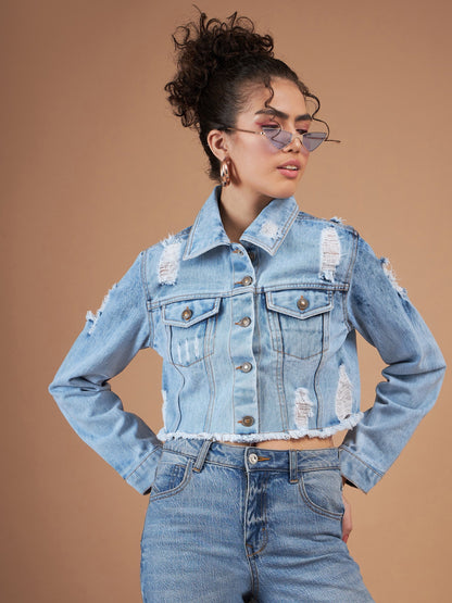 Ice Blue Distressed Denim Crop Jacket