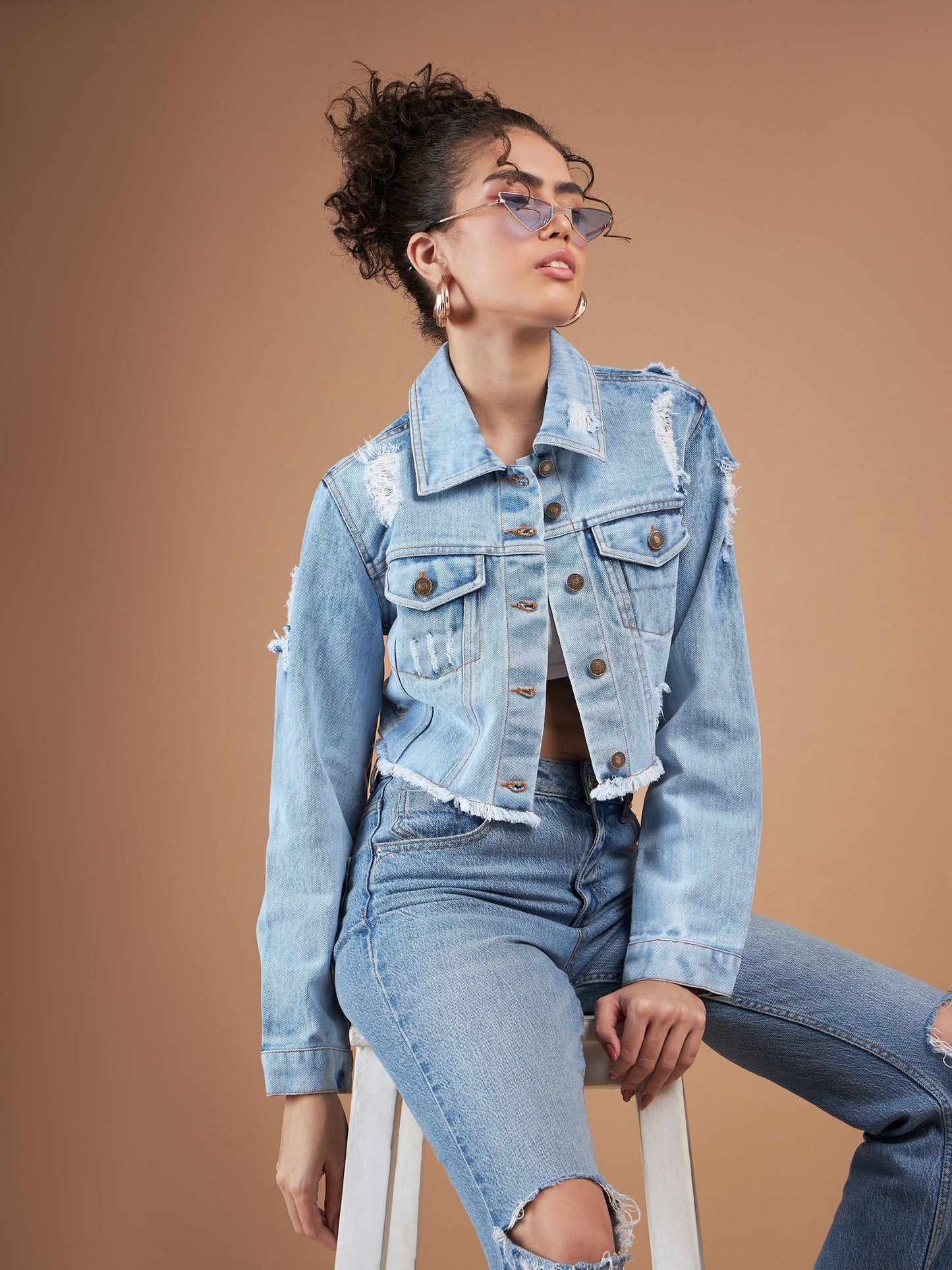 Ice Blue Distressed Denim Crop Jacket