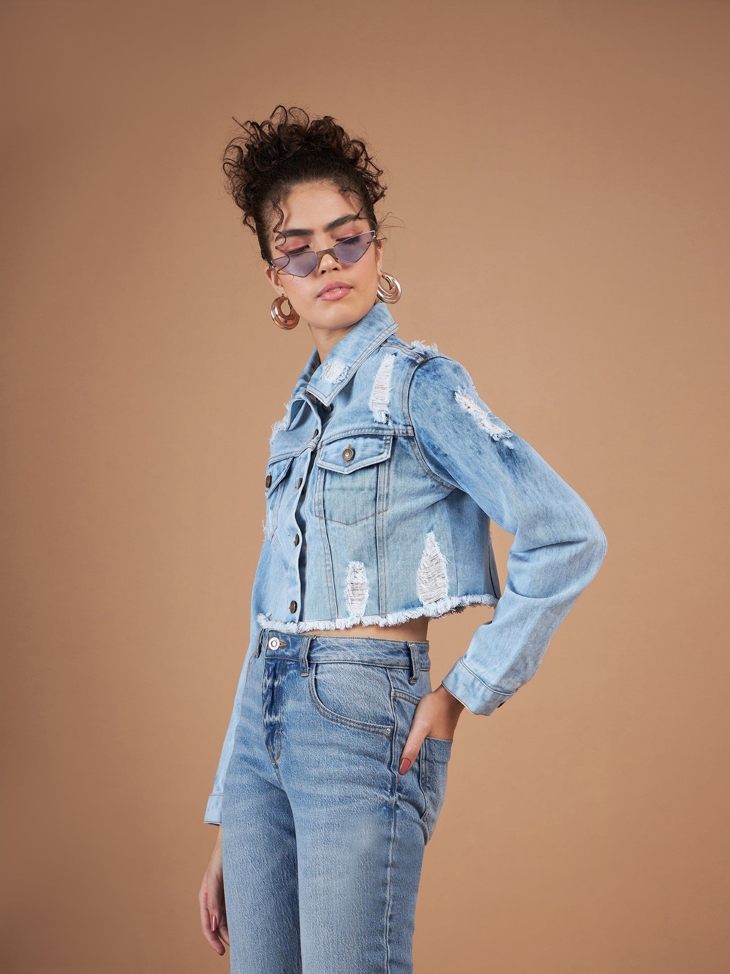 Ice Blue Distressed Denim Crop Jacket