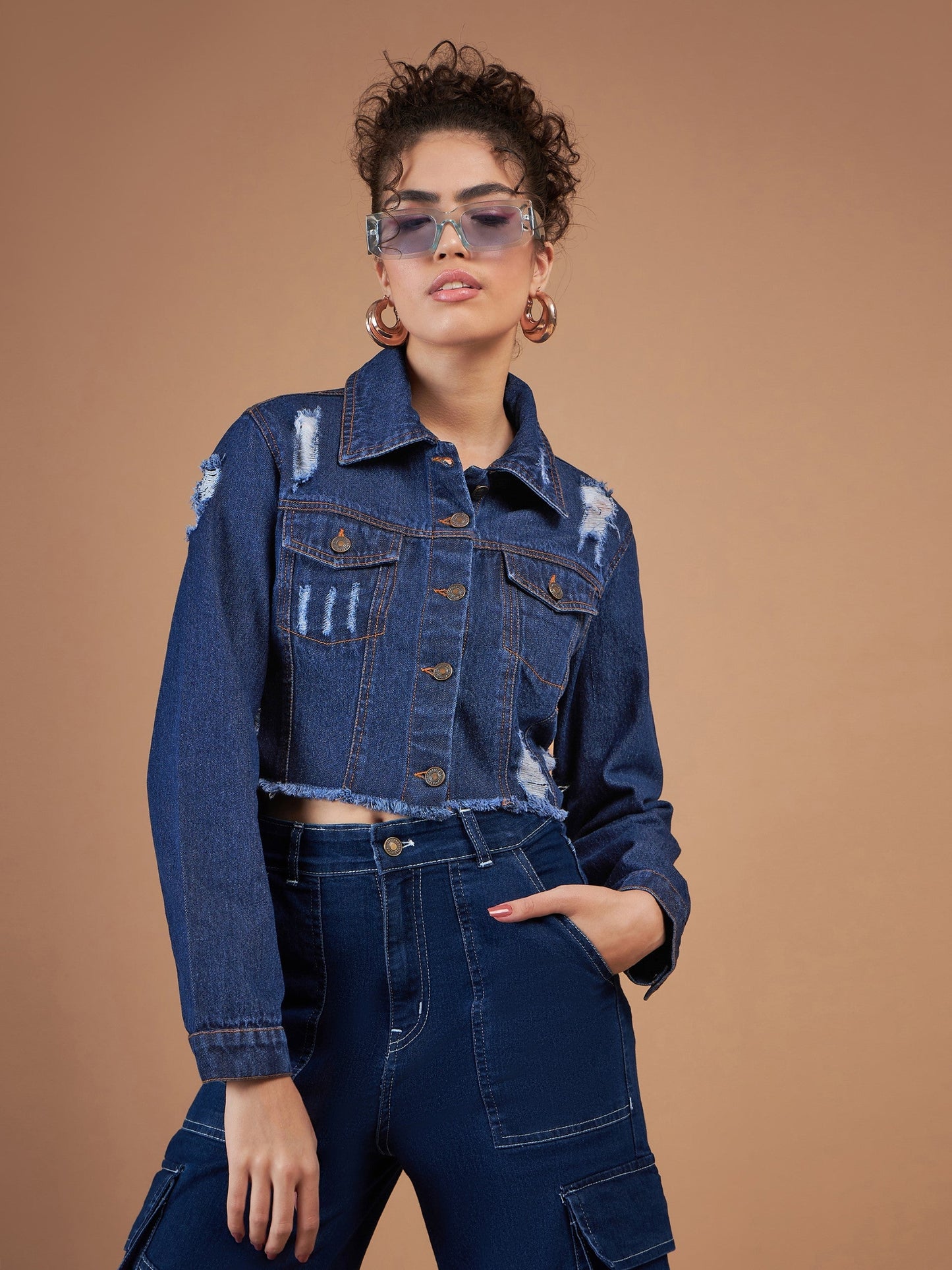 Navy Distressed Denim Crop Jacket