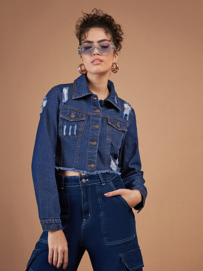 Navy Distressed Denim Crop Jacket