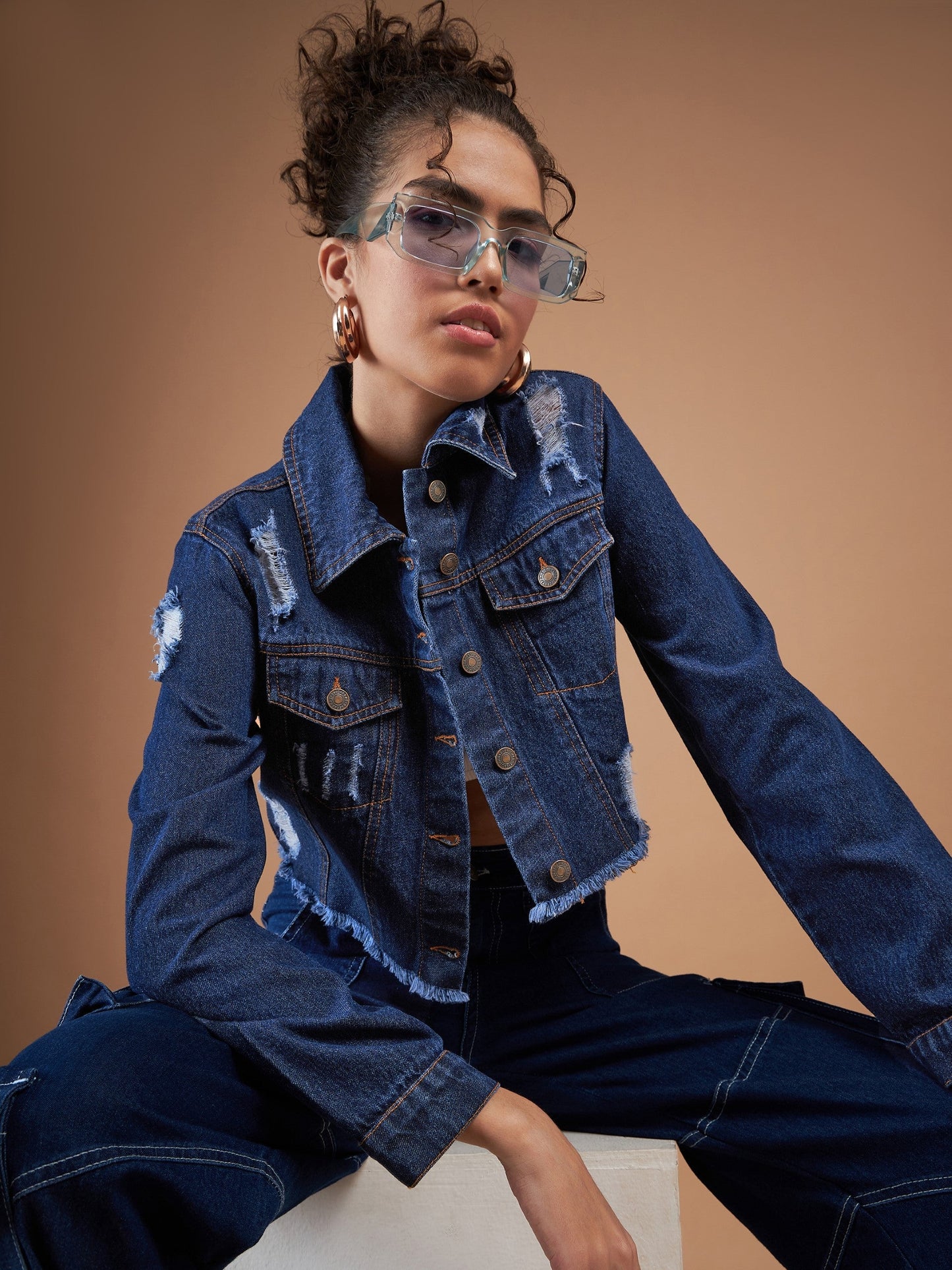 Navy Distressed Denim Crop Jacket