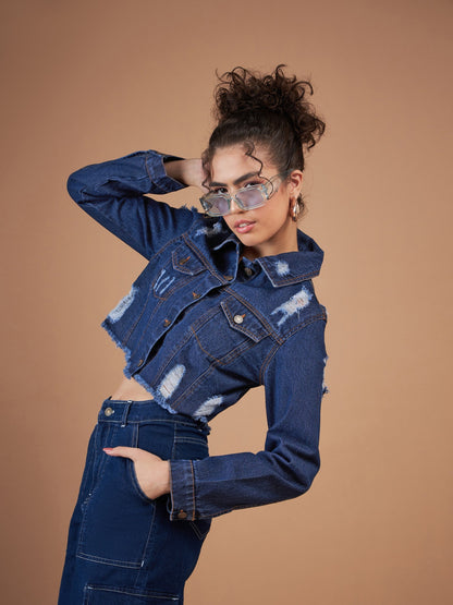 Navy Distressed Denim Crop Jacket