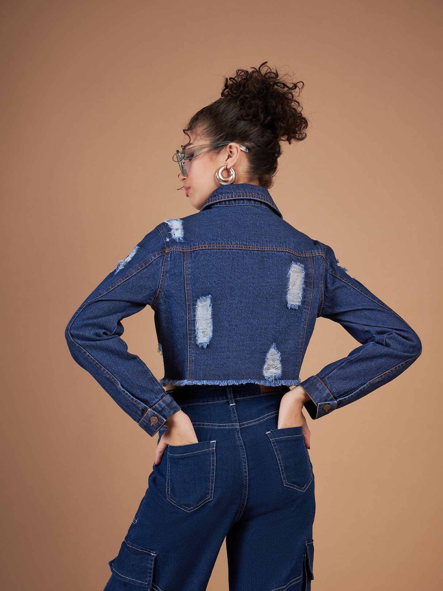 Navy Distressed Denim Crop Jacket