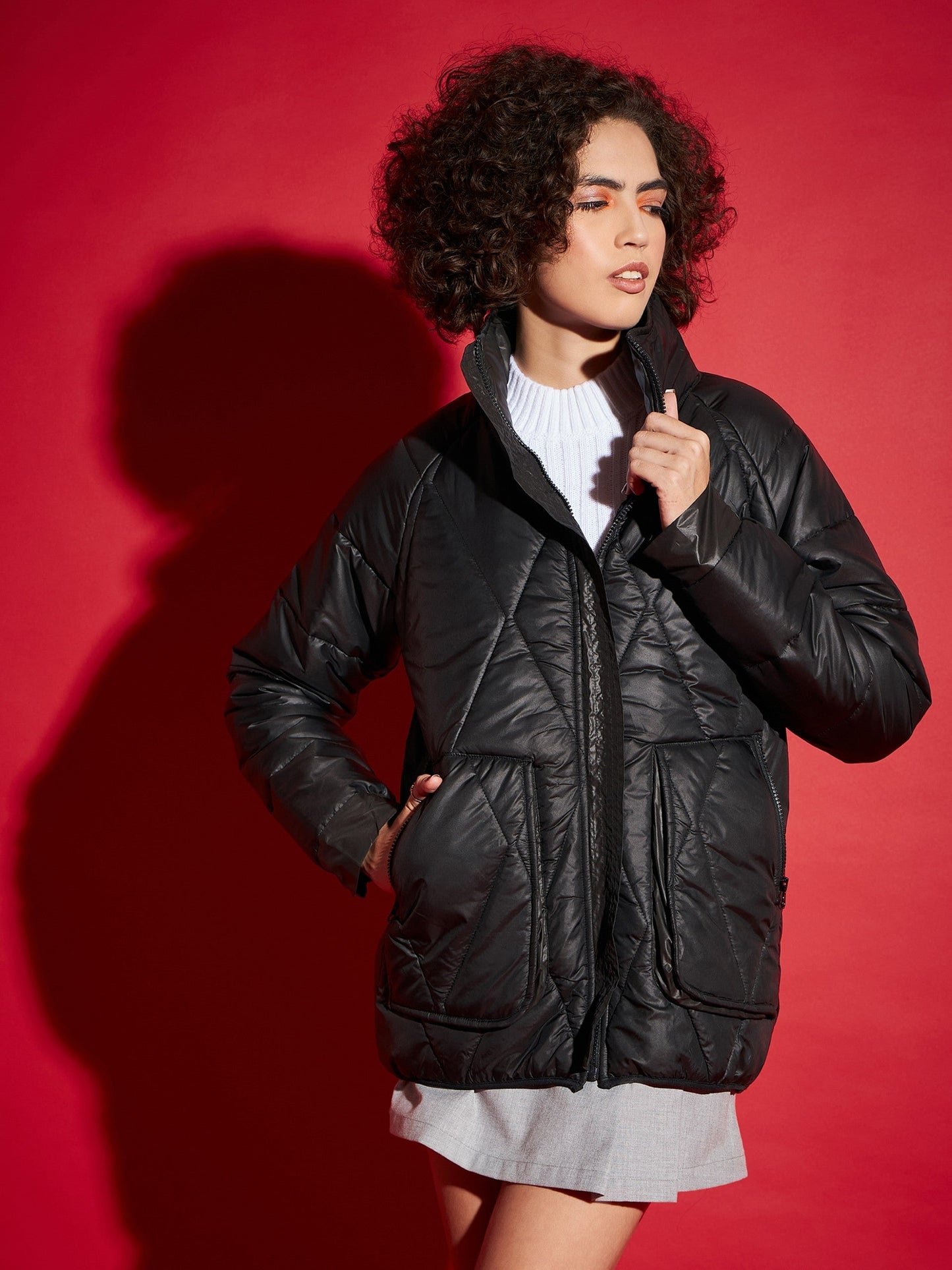 Black High Neck Diamond Quilt Puffer Jacket