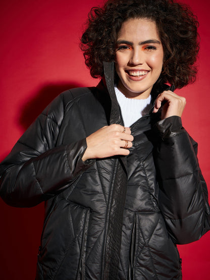 Black High Neck Diamond Quilt Puffer Jacket