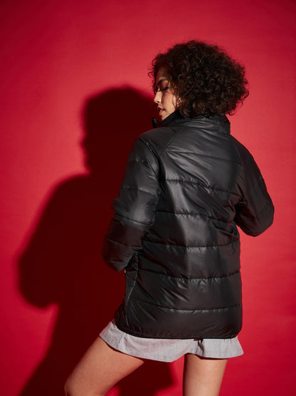 Black High Neck Diamond Quilt Puffer Jacket