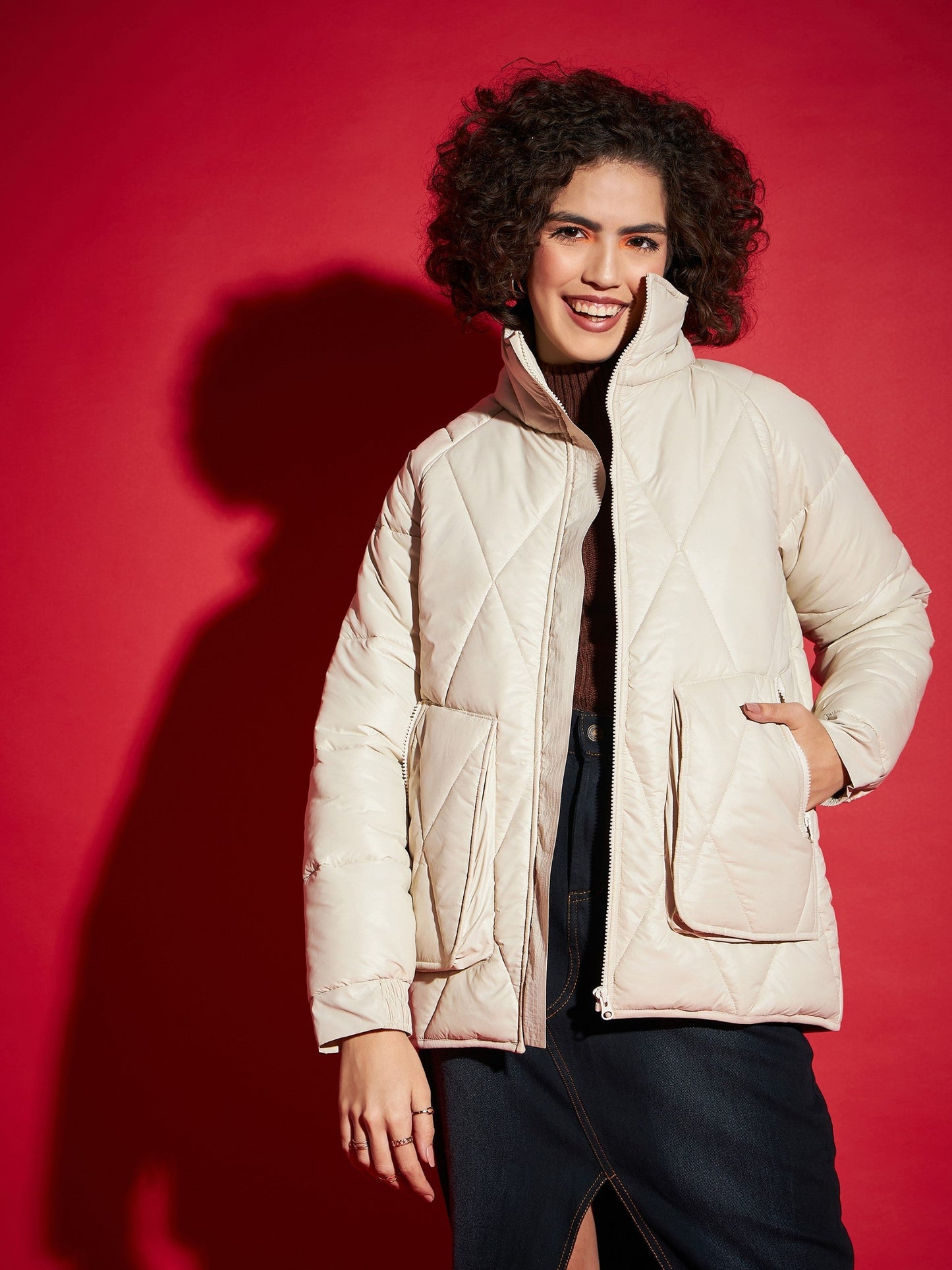 Beige High Neck Diamond Quilt Puffer Jacket