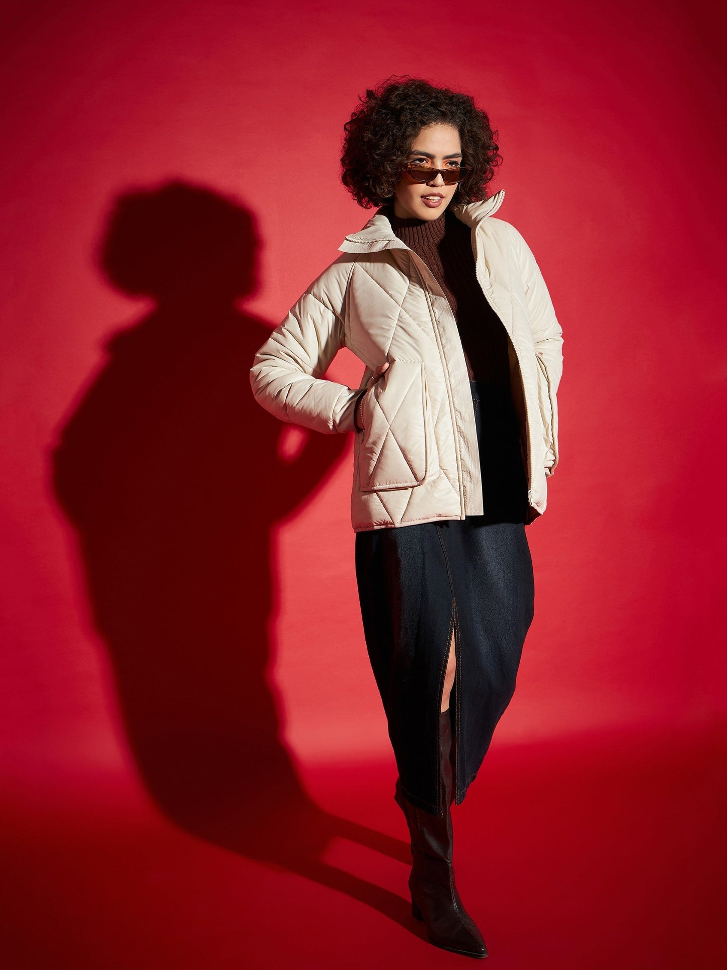Beige High Neck Diamond Quilt Puffer Jacket