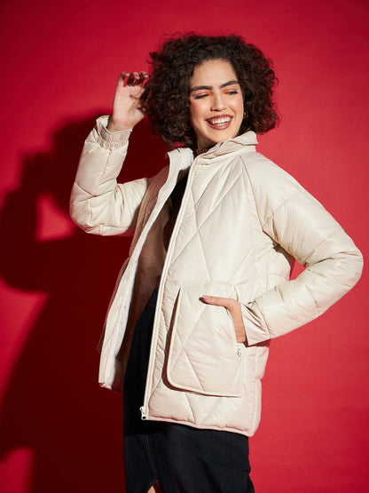 Beige High Neck Diamond Quilt Puffer Jacket