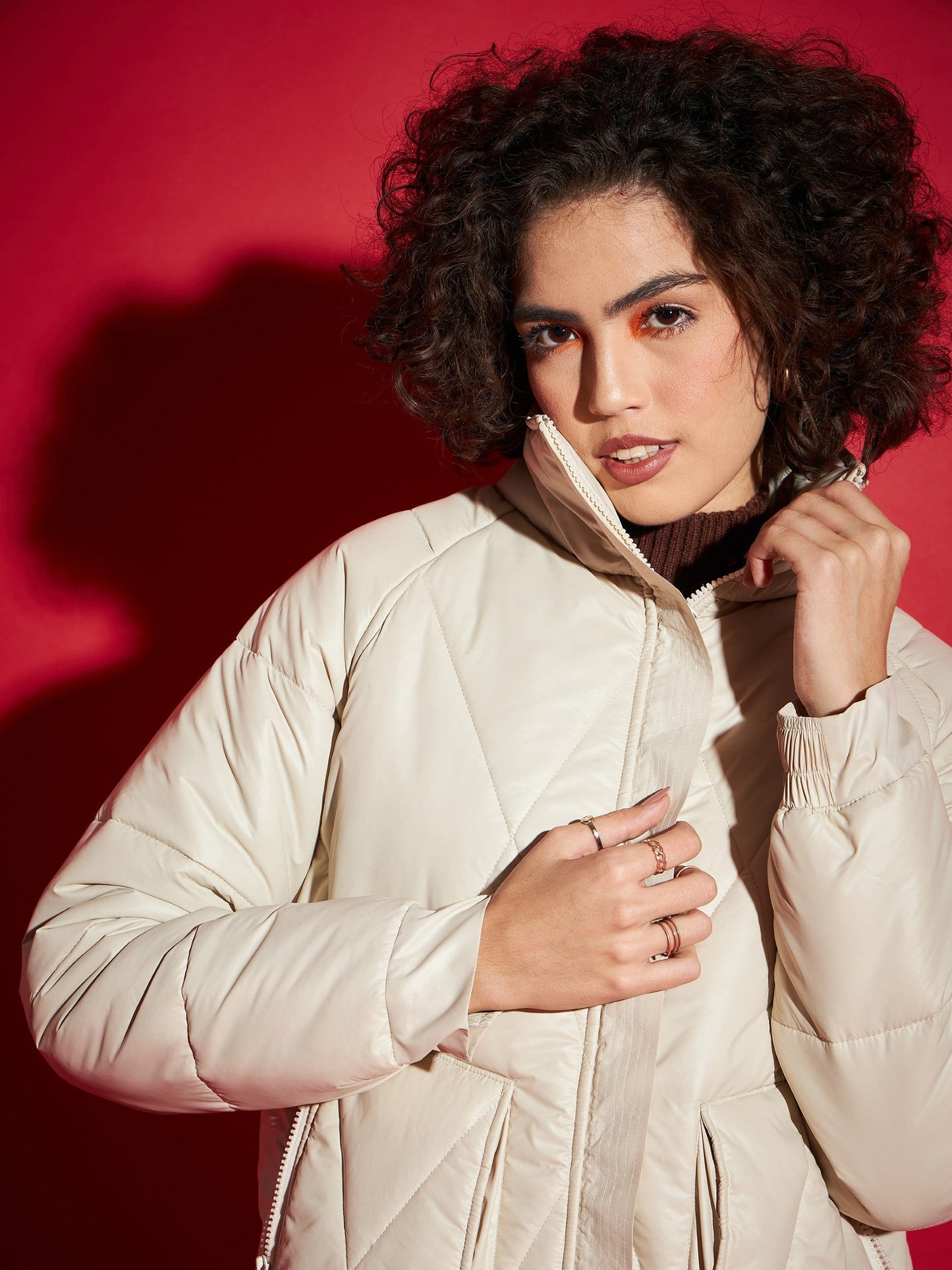 Beige High Neck Diamond Quilt Puffer Jacket