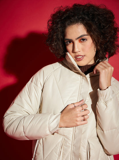Beige High Neck Diamond Quilt Puffer Jacket
