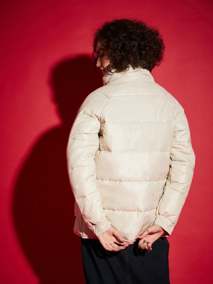 Beige High Neck Diamond Quilt Puffer Jacket