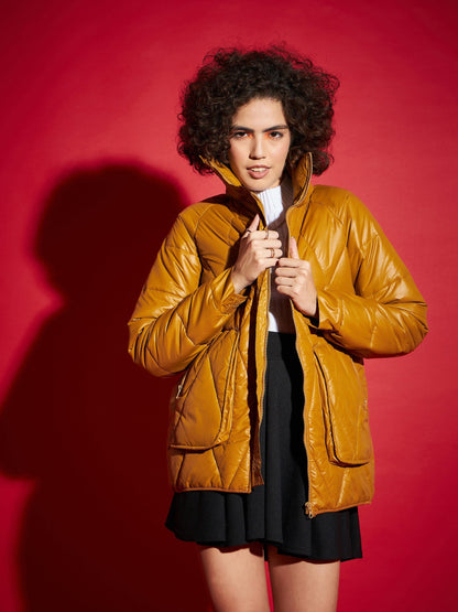 Mustard High Neck Diamond Quilt Puffer Jacket