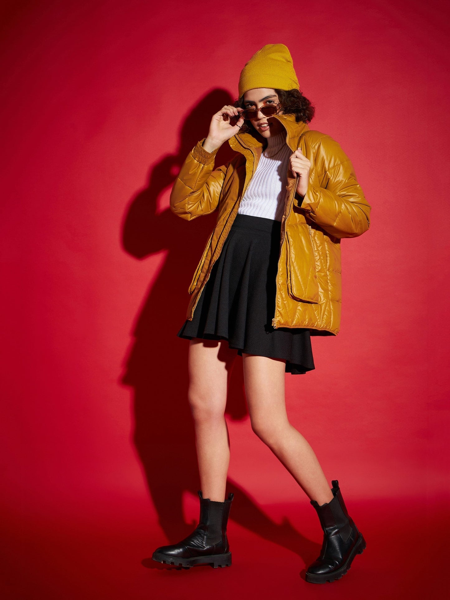 Mustard High Neck Diamond Quilt Puffer Jacket