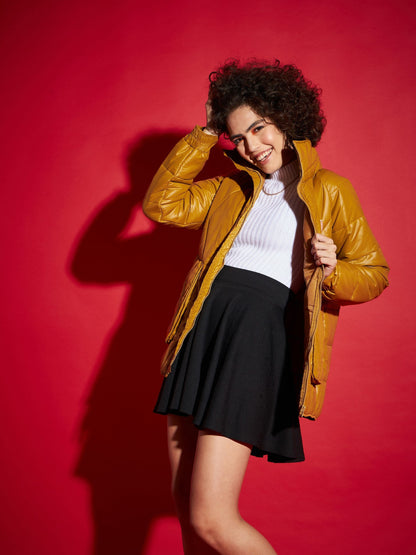 Mustard High Neck Diamond Quilt Puffer Jacket