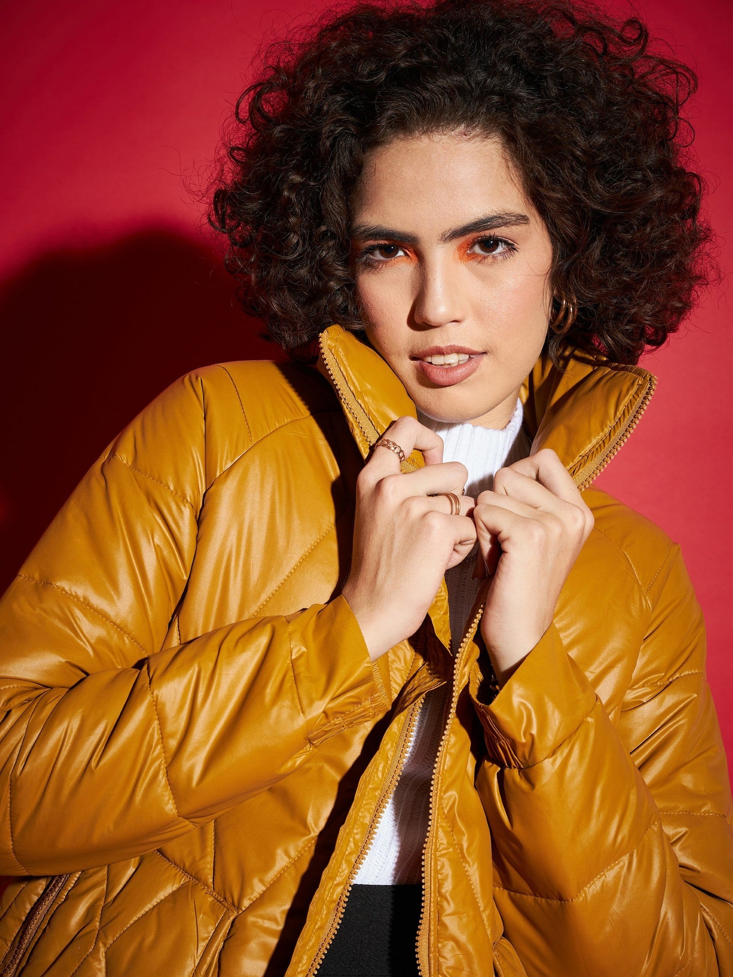 Mustard High Neck Diamond Quilt Puffer Jacket