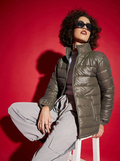 Olive High Neck Horizontal Quilt Puffer Jacket