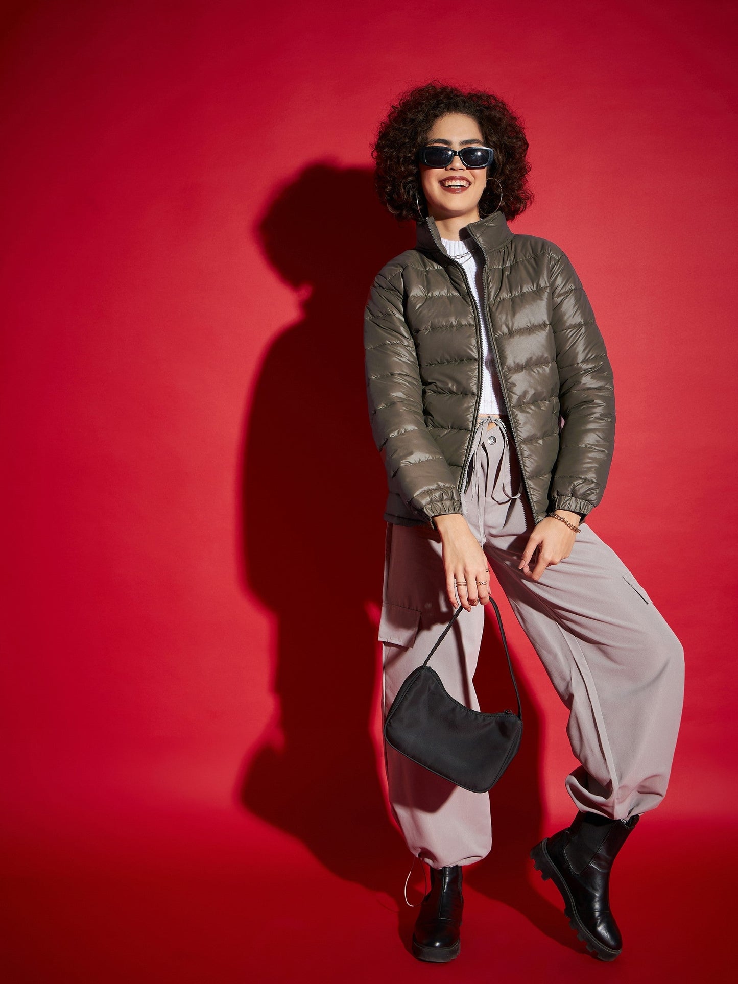 Olive High Neck Horizontal Quilt Puffer Jacket