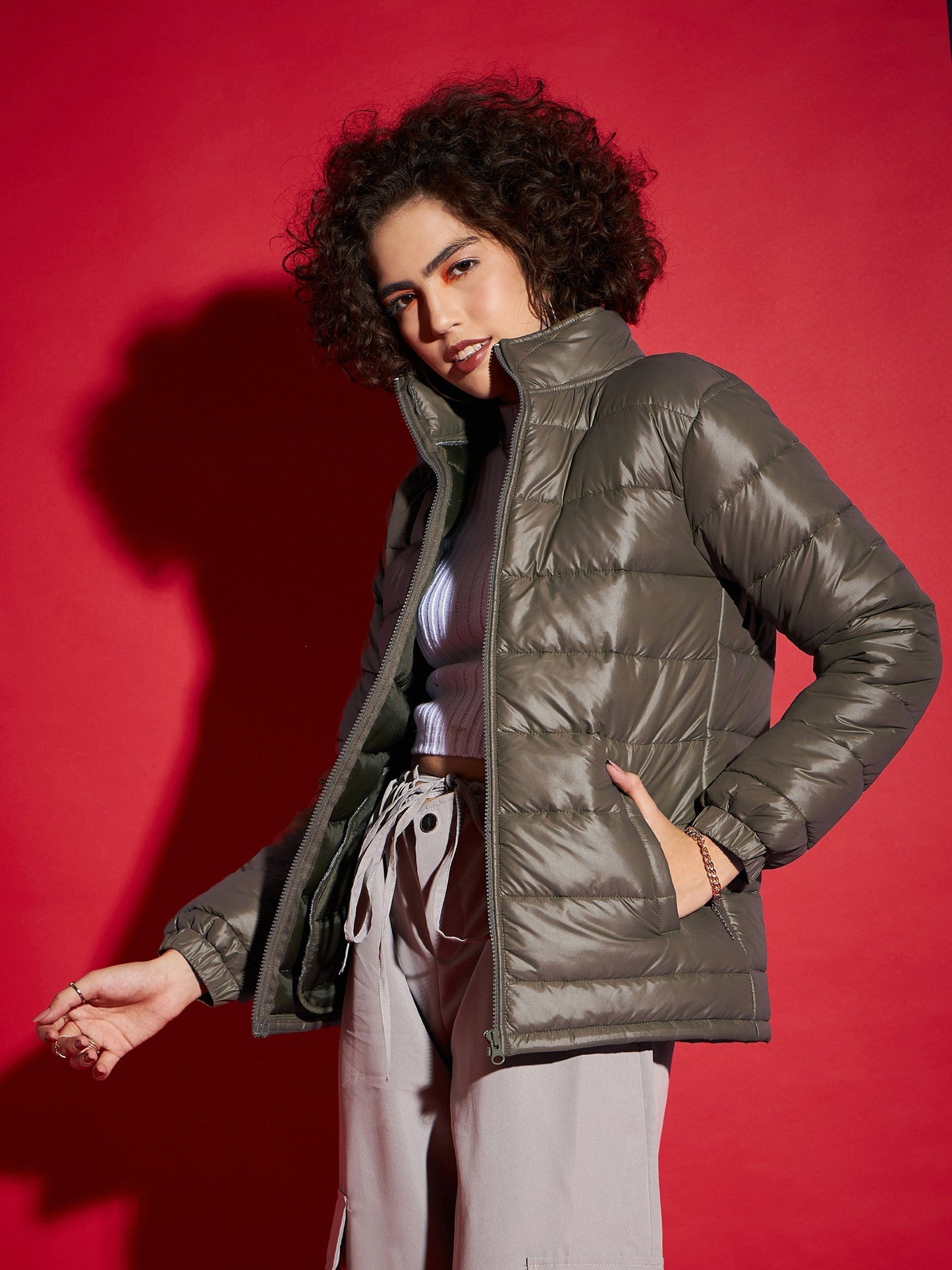 Olive High Neck Horizontal Quilt Puffer Jacket