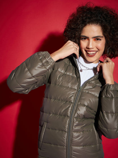 Olive High Neck Horizontal Quilt Puffer Jacket