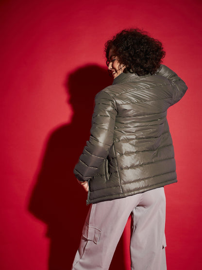 Olive High Neck Horizontal Quilt Puffer Jacket