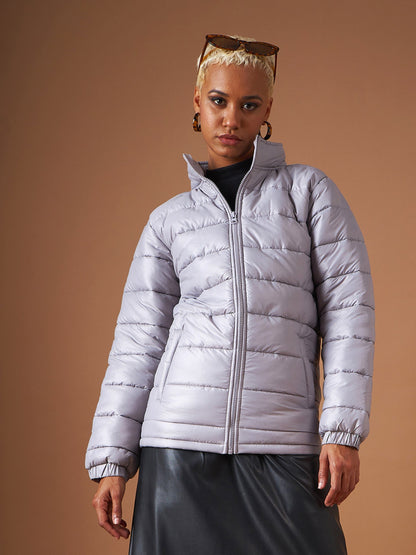 Grey High Neck Horizontal Quilt Puffer Jacket