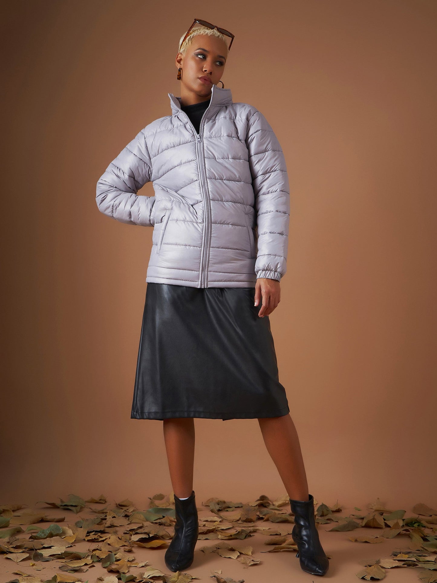 Grey High Neck Horizontal Quilt Puffer Jacket