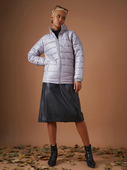Grey High Neck Horizontal Quilt Puffer Jacket