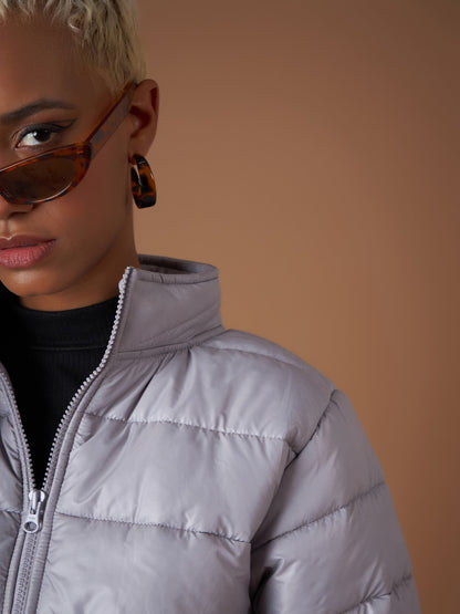 Grey High Neck Horizontal Quilt Puffer Jacket