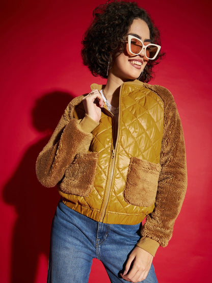 Mustard Faux Fur Detail Bomber Jacket