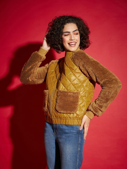 Mustard Faux Fur Detail Bomber Jacket