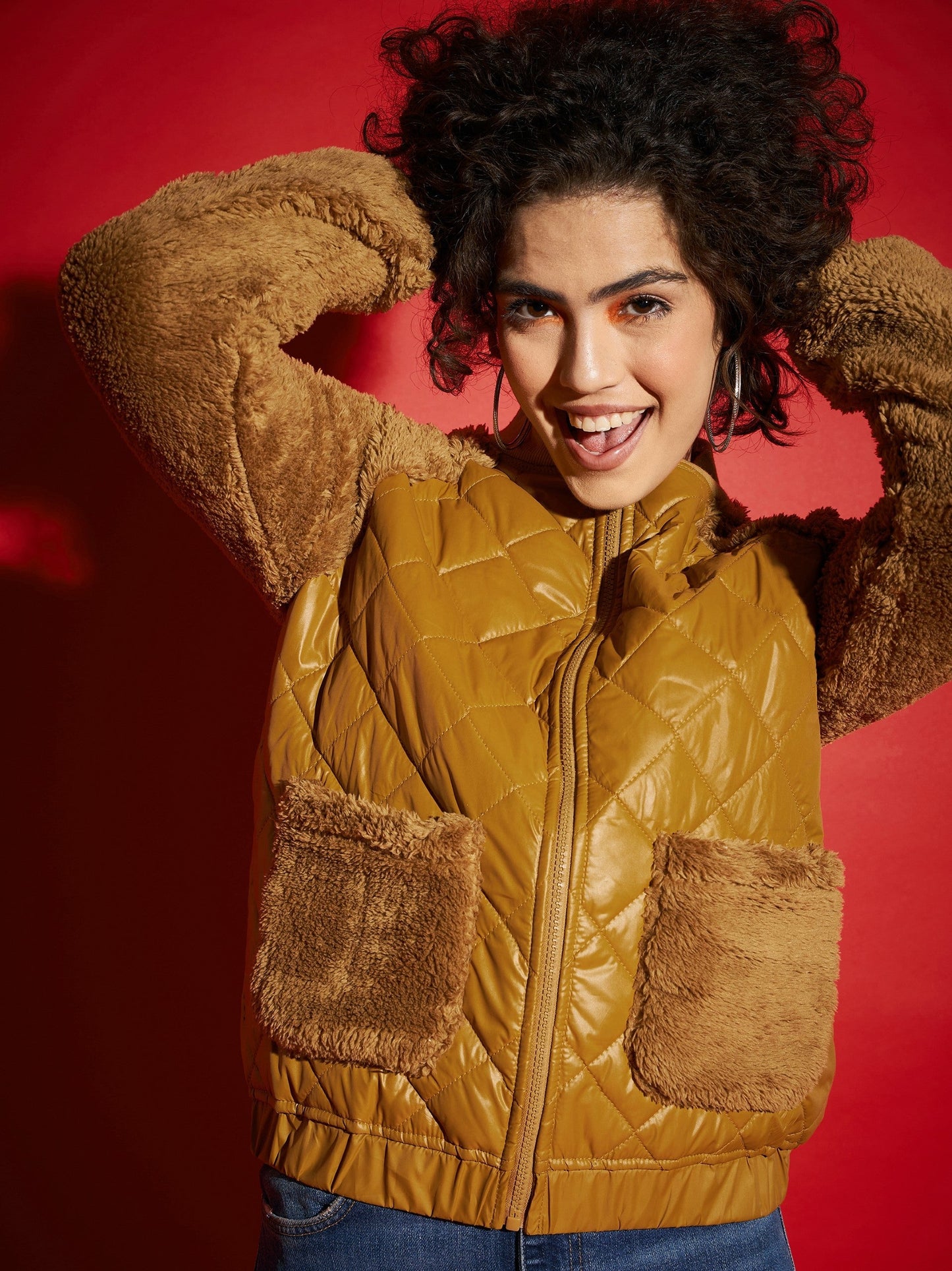 Mustard Faux Fur Detail Bomber Jacket