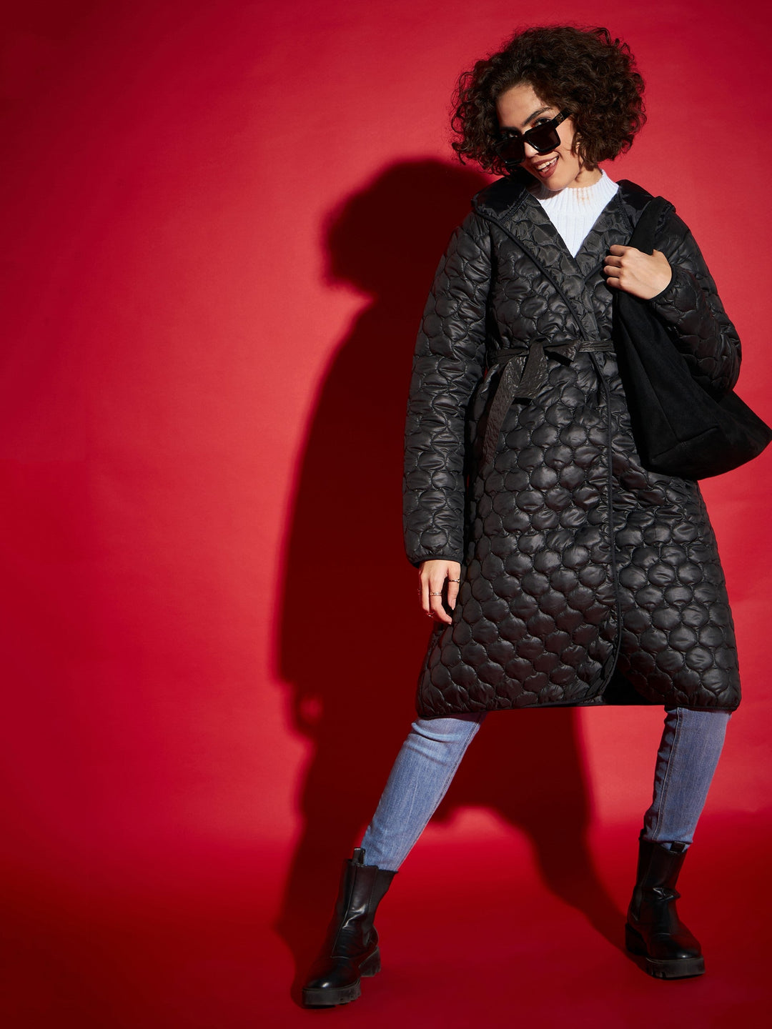 Women's Women Black Hooded Longline Puffer Jacket in Polyester by Sassafras for wholesale, bulk, supplier, manufacturer and wholesaler buyers from Trendphoria