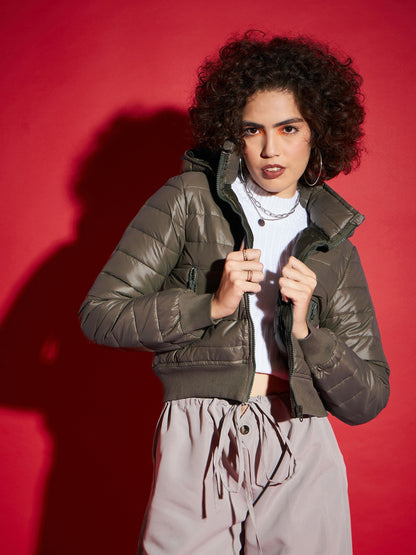 Olive Hooded Crop Bomber Jacket