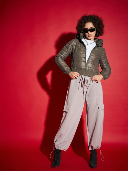 Olive Hooded Crop Bomber Jacket