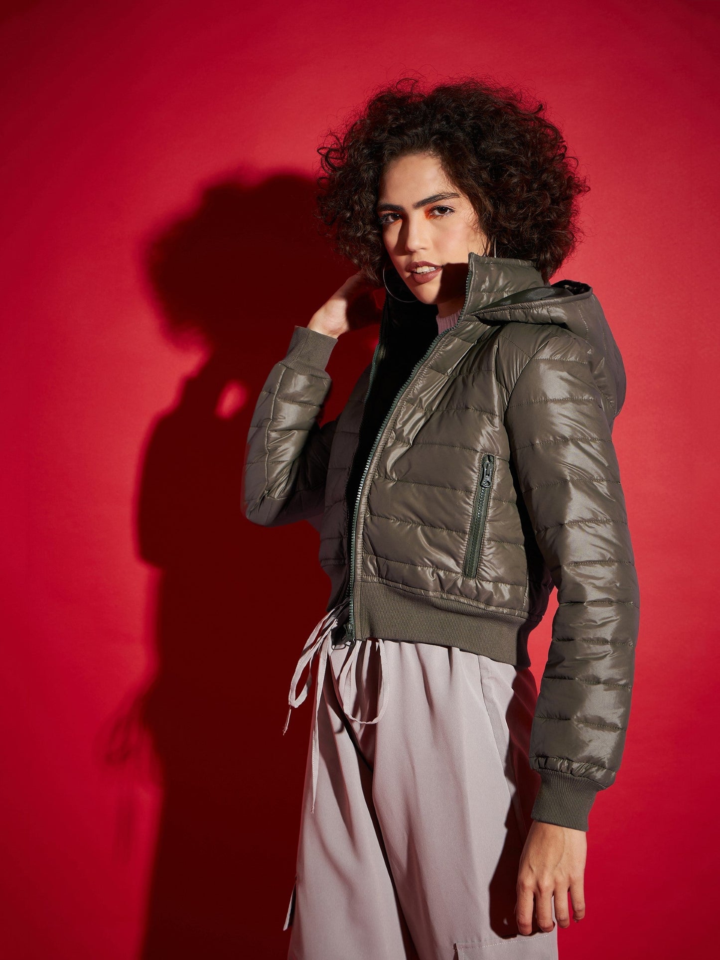 Olive Hooded Crop Bomber Jacket