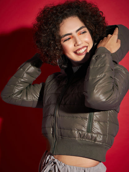 Olive Hooded Crop Bomber Jacket