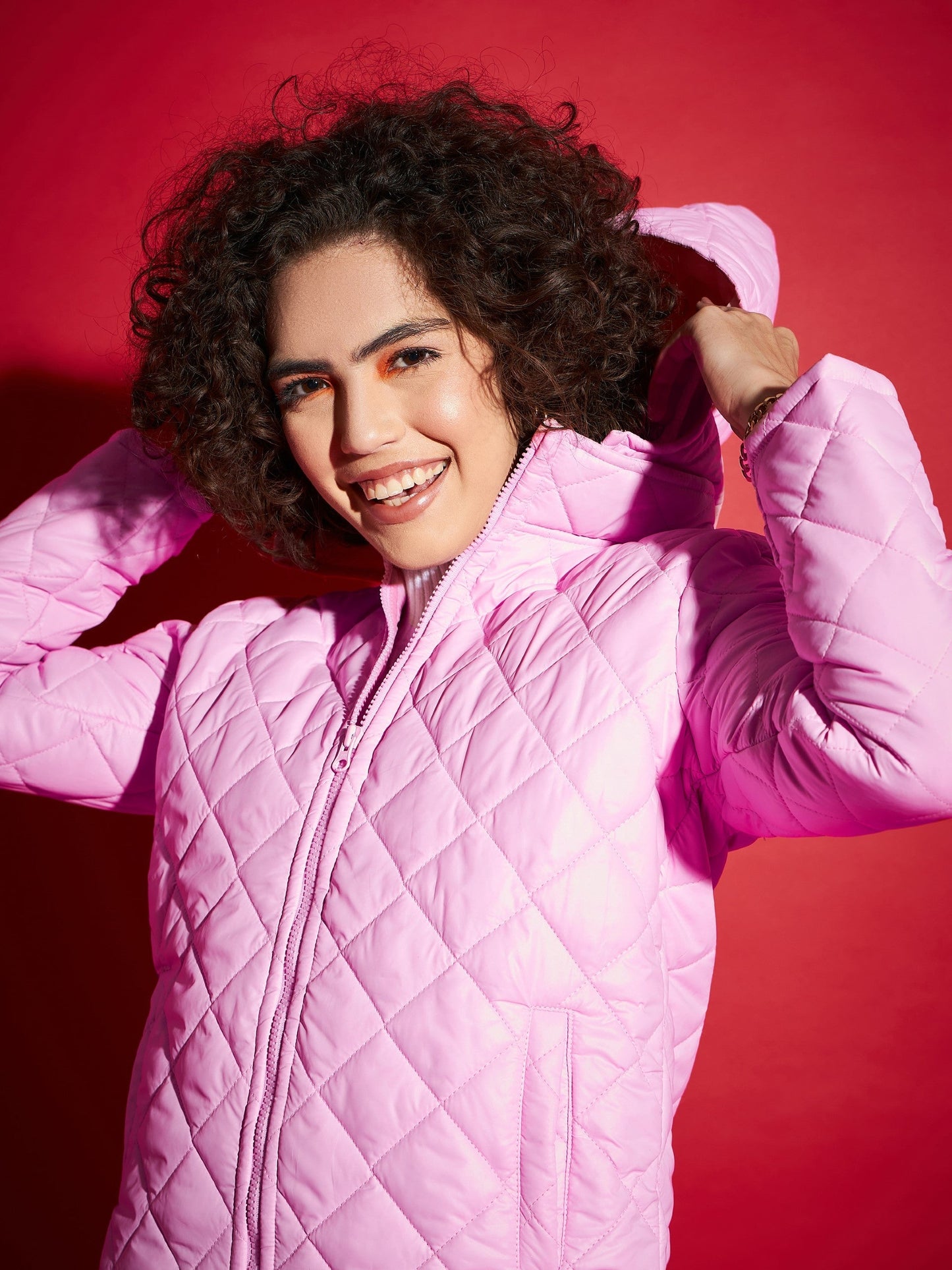 Pink Diamond Quilted Hooded Puffer Jacket