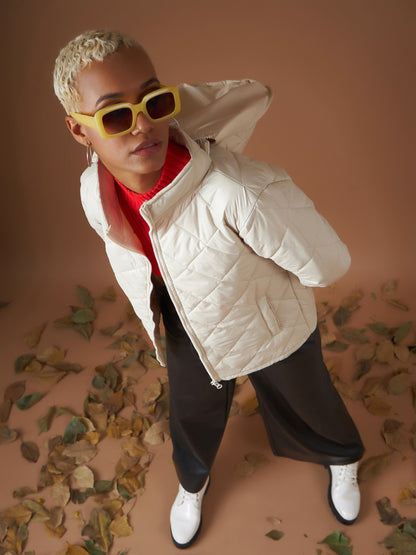 Beige Diamond Quilted Hooded Puffer Jacket