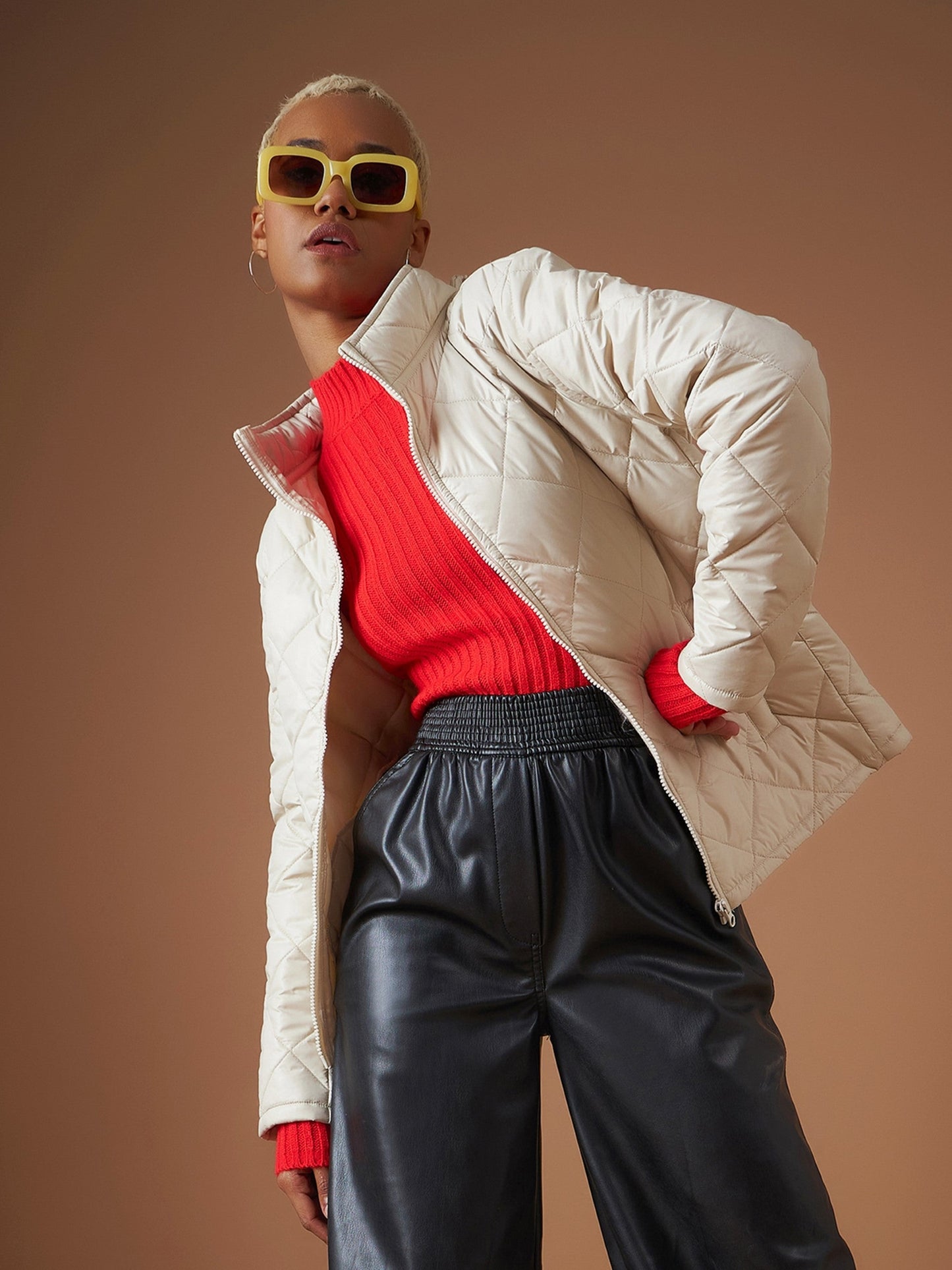 Beige Diamond Quilted Hooded Puffer Jacket