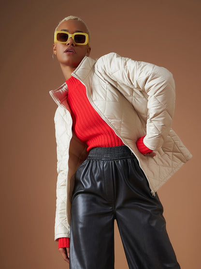 Beige Diamond Quilted Hooded Puffer Jacket