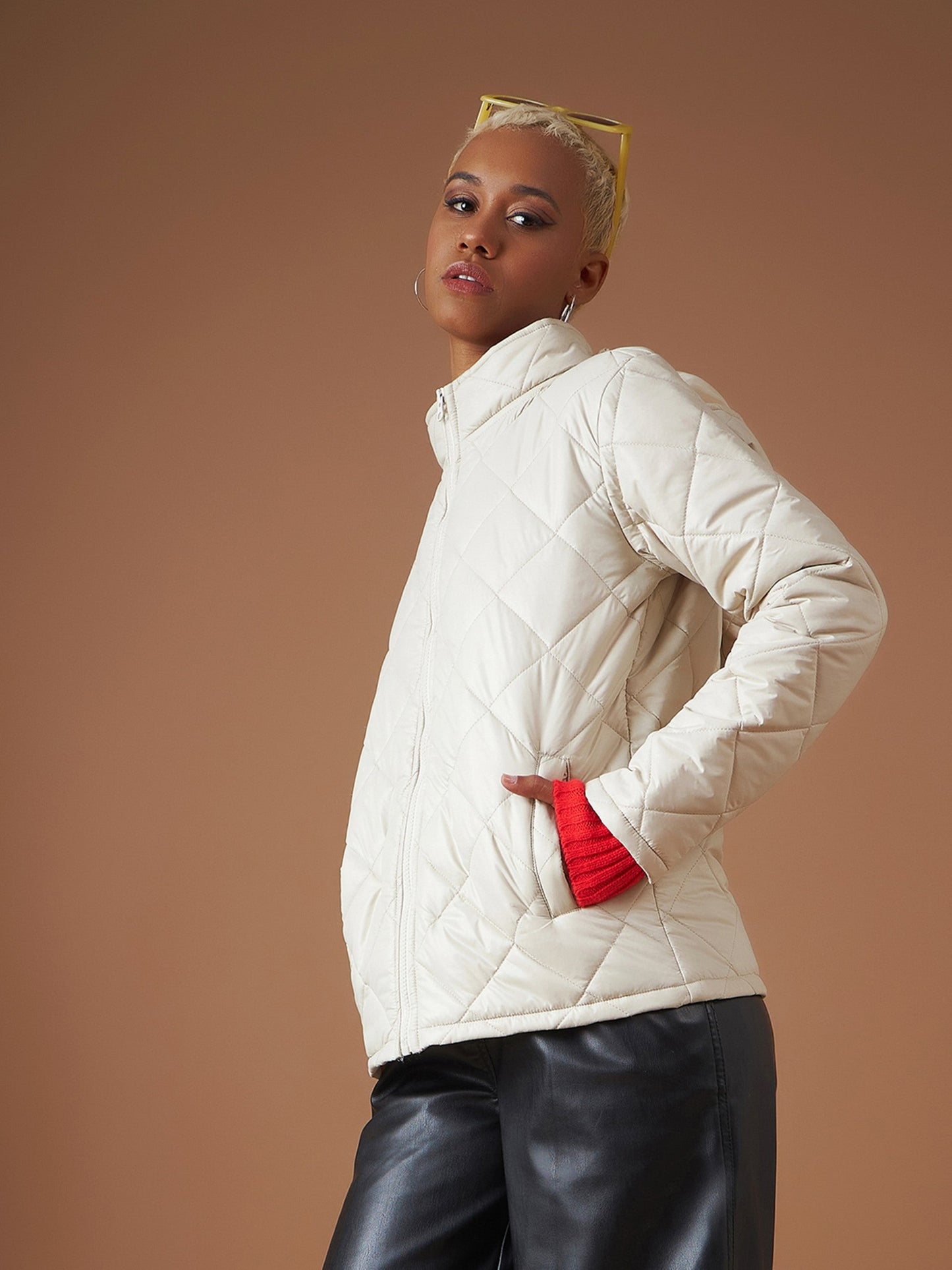 Beige Diamond Quilted Hooded Puffer Jacket