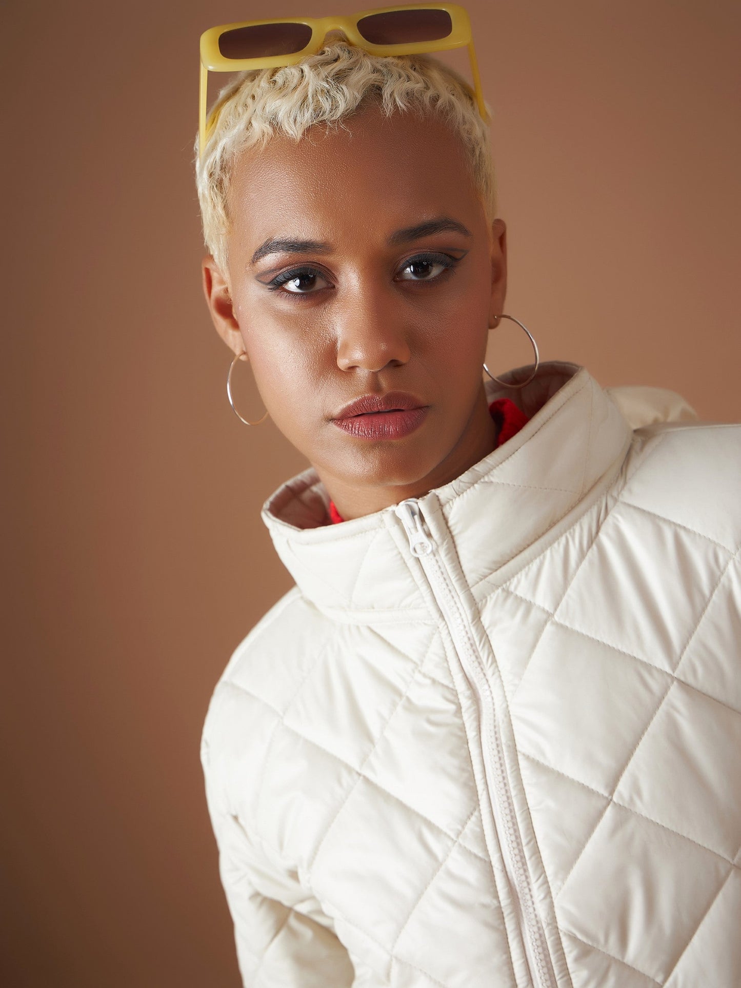 Beige Diamond Quilted Hooded Puffer Jacket