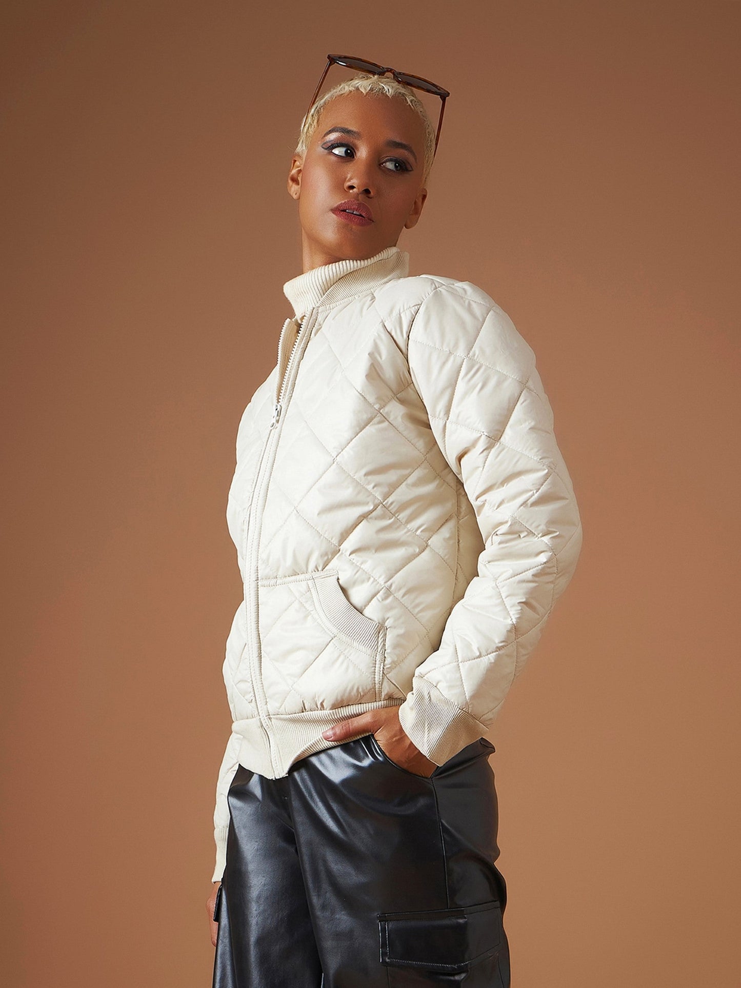 Beige Diamond Quilted Bomber Jacket