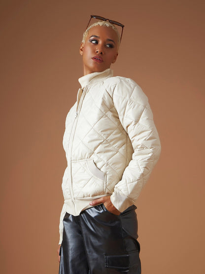 Beige Diamond Quilted Bomber Jacket