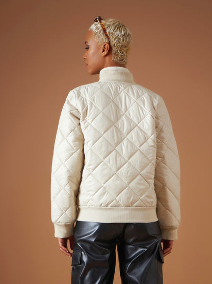Beige Diamond Quilted Bomber Jacket