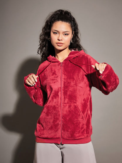 Maroon Fur Hooded Jacket
