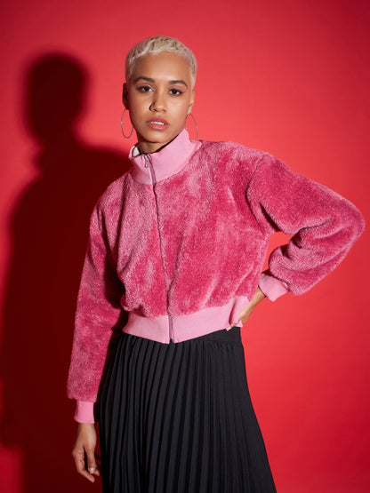 Pink Fur High Neck Crop Bomber Jacket