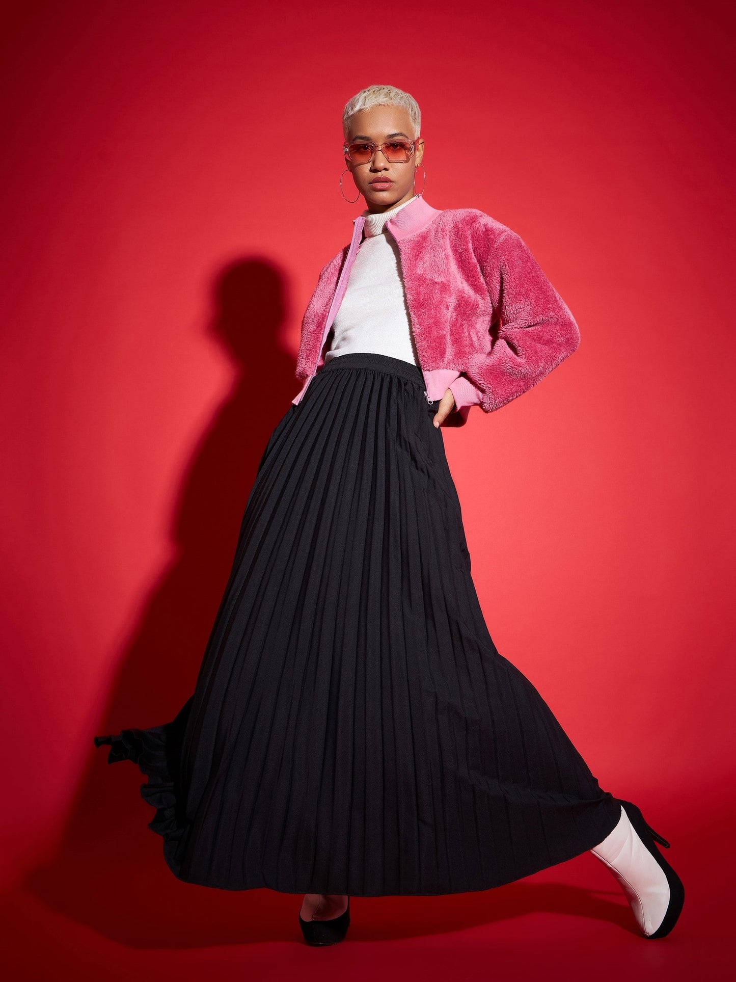 Pink Fur High Neck Crop Bomber Jacket
